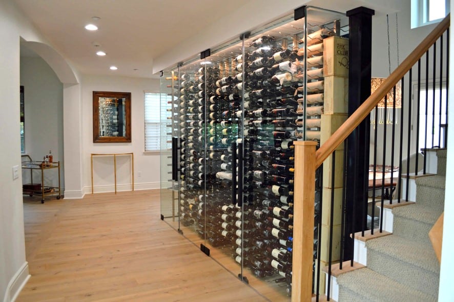 Modern Glass Wine Cellars with Metal Wine Racks