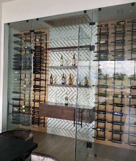 Modern Wine Display with Glass Front and Metal Wine Racks