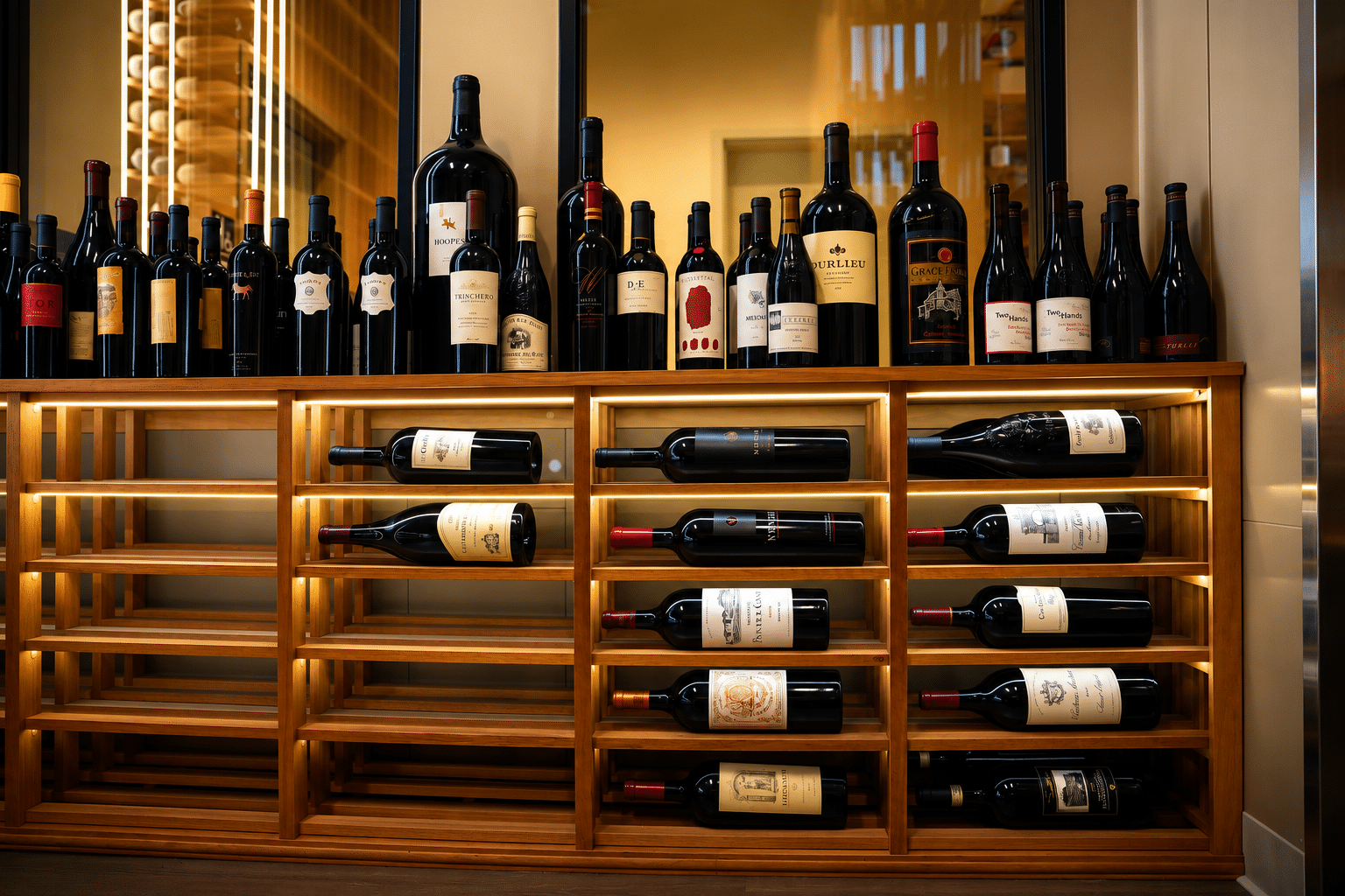 Large wine bottles resting horizontally in illuminated wooden compartments beneath a row of upright bottles.