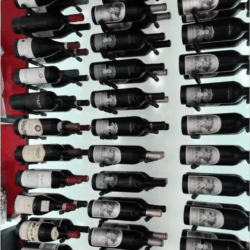 (11) Black metal pegs were arranged precisely to carry standard-sized wine bottles.